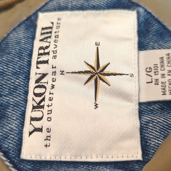 Vtg Blue Denim Tan Canvas Varsity Chore Bomber Jacket with Ribbed Details Sz L - Picture 7 of 11